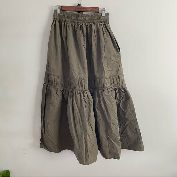 Lee Mathews | Women’s Annie Skirt Olive Green Juniper Pull-On Drawstring Tiered - Picture 9 of 10
